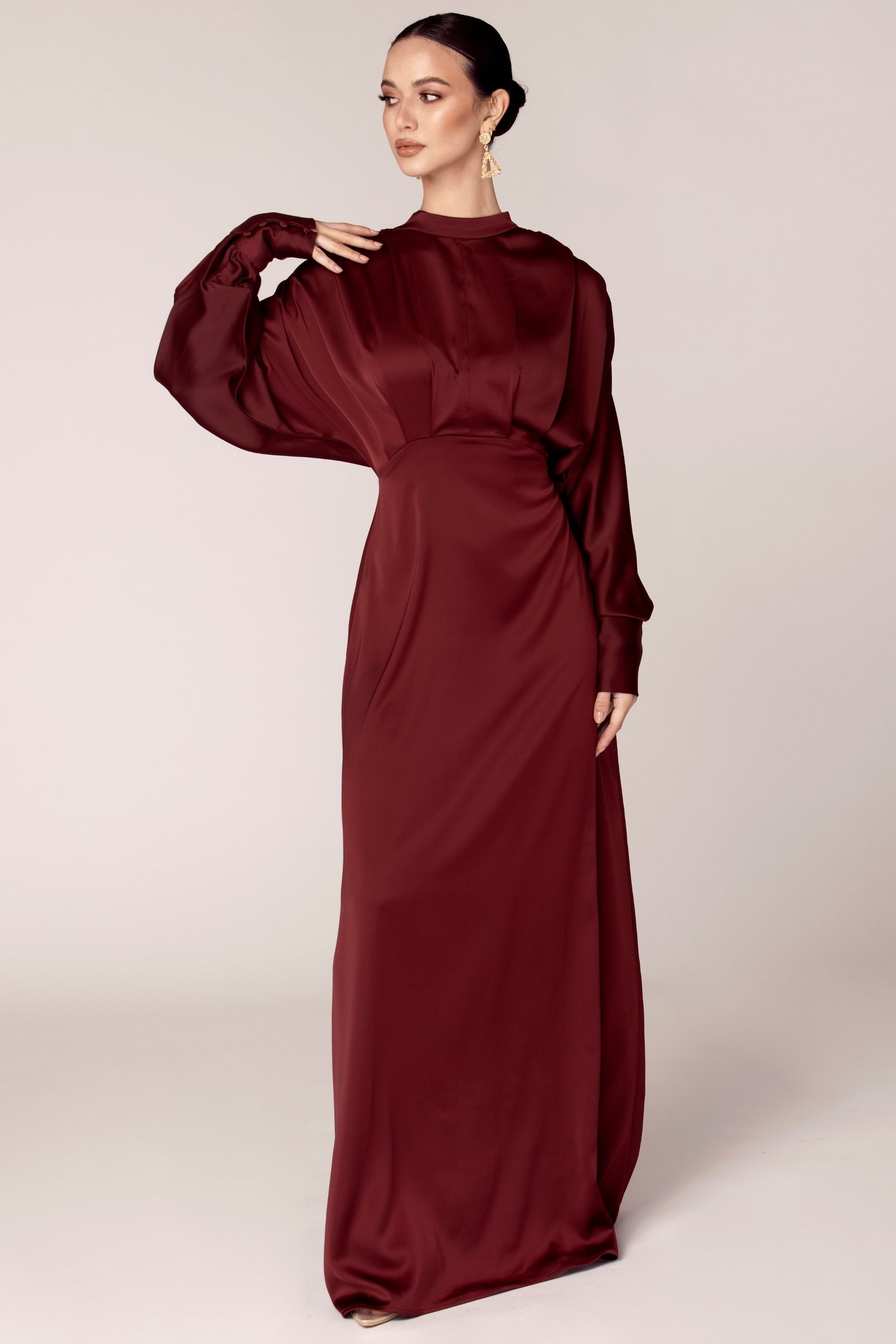 Burgundy Batwing Satin Maxi Dress